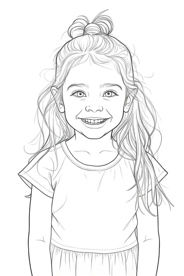 A smiling girl's photo turned into a coloring page