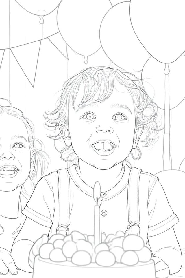 A toddler with balloons turned into a birthday coloring page