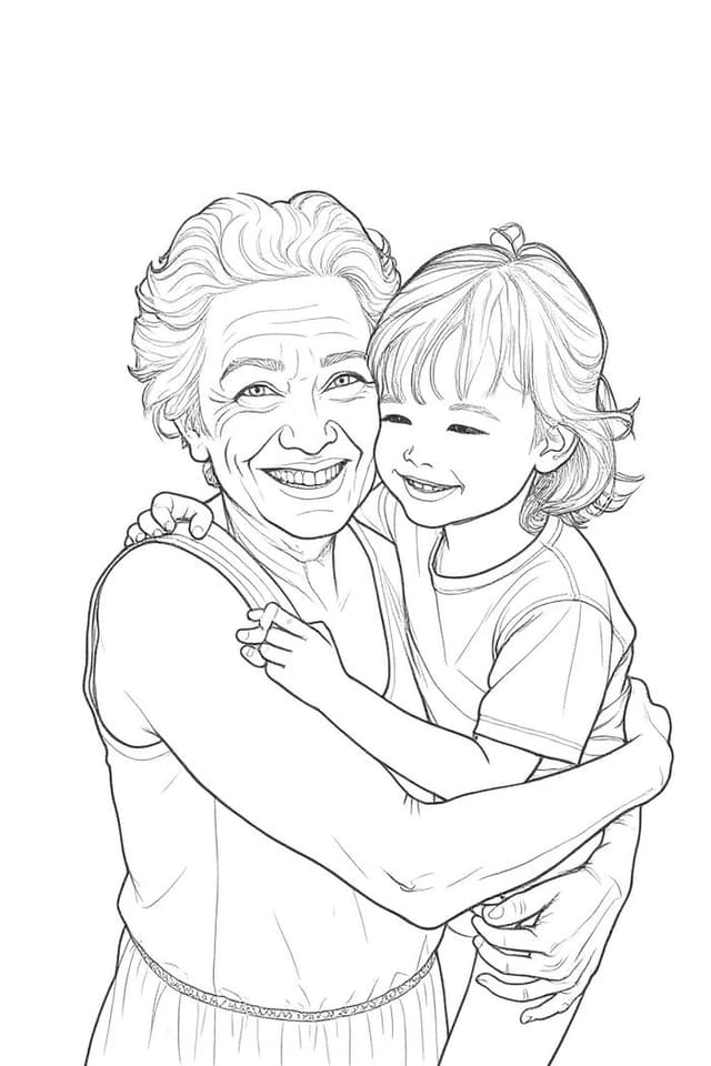 A grandmother and grandchild photo turned into a coloring page